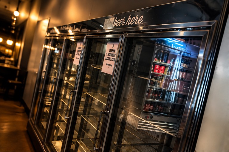 Commercial beverage coolers ready for removal from a bar